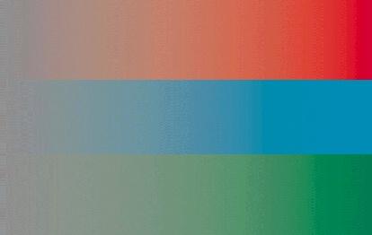 Picture  showing three bands of red, blue and green which are less saturated at one end appearing gray and more saturated at the other end.